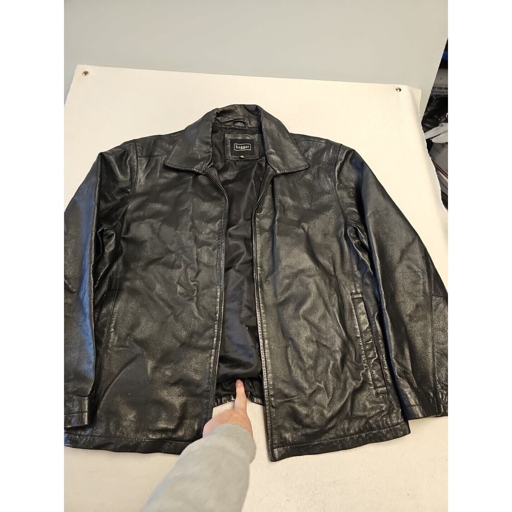 HAGGAR Black Leather Jacket Mens Size Full Zip